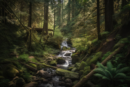 forest oasis with babbling brook and waterfall, surrounded by towering trees, created with generative aiの素材