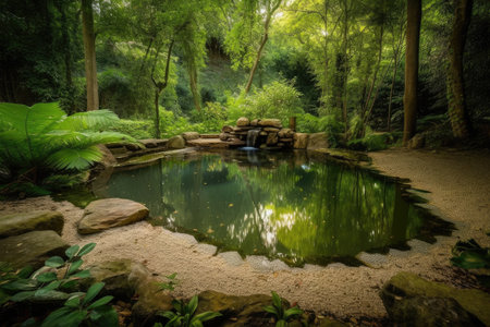 peaceful forest oasis, with gentle waterfall and reflection pool, created with generative aiの素材