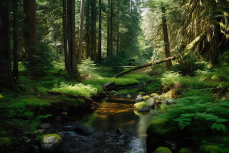 forest oasis with stream, surrounded by towering trees, created with generative aiの素材