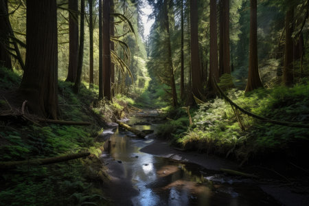 forest oasis with stream, surrounded by towering trees, created with generative aiの素材