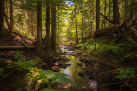 forest oasis with stream, surrounded by towering trees, created with generative aiの素材