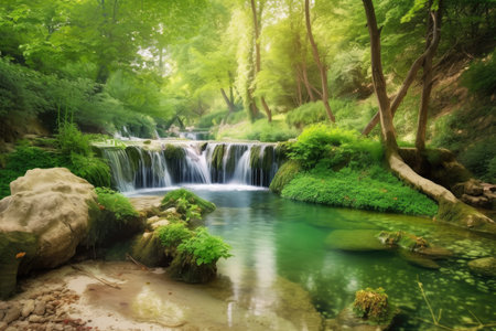forest oasis with crystal-clear stream and waterfalls, created with generative aiの素材