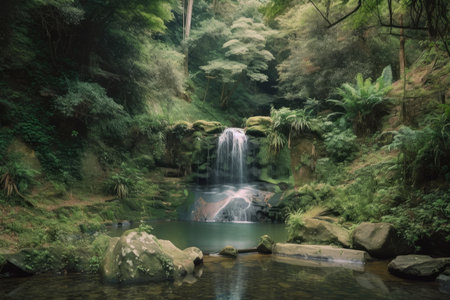 forest oasis with waterfall, surrounded by greenery and tranquility, created with generative aiの素材