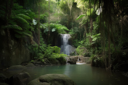 forest oasis with waterfall, surrounded by greenery and tranquility, created with generative aiの素材