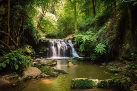 forest oasis with waterfall, surrounded by greenery and tranquility, created with generative aiの素材