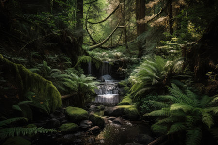 forest oasis with babbling brook and waterfall surrounded by greenery, created with generative aiの素材