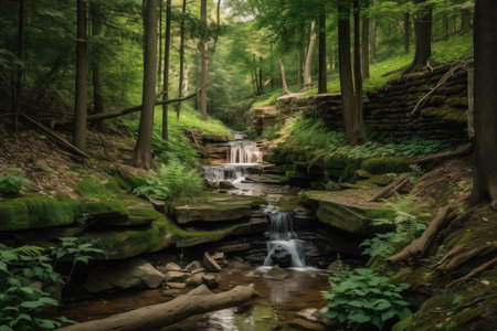 forest oasis with babbling brook and waterfall surrounded by greenery, created with generative aiの素材