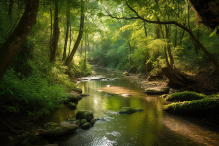 peaceful forest oasis with clear stream, surrounded by lush greenery, created with generative aiの素材
