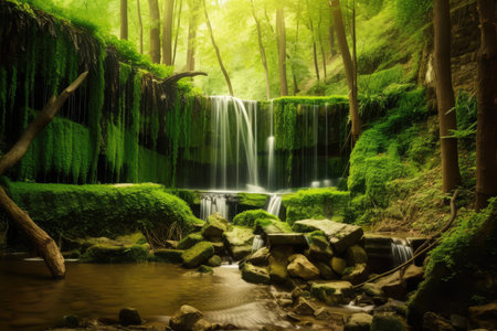 forest oasis with waterfalls and cascading streams, surrounded by greenery, created with generative aiの素材