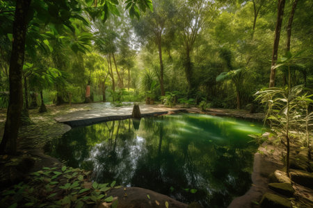 forest oasis with cool water, surrounded by greenery and wildlife, created with generative aiの素材