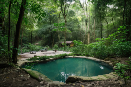 forest oasis with cool water, surrounded by greenery and wildlife, created with generative aiの素材