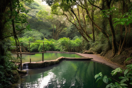 forest oasis with cool water, surrounded by greenery and wildlife, created with generative aiの素材