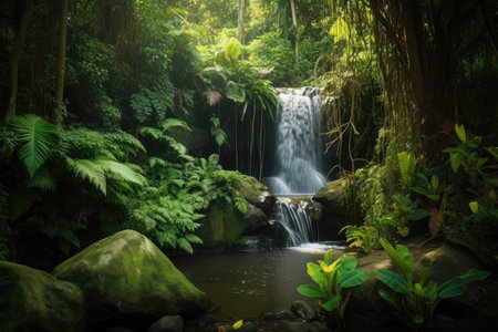 forest oasis with trickling waterfall, surrounded by lush greenery, created with generative aiの素材