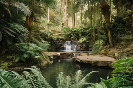 forest oasis, with waterfall pouring into pool and surrounded by lush greenery, created with generative aiの素材