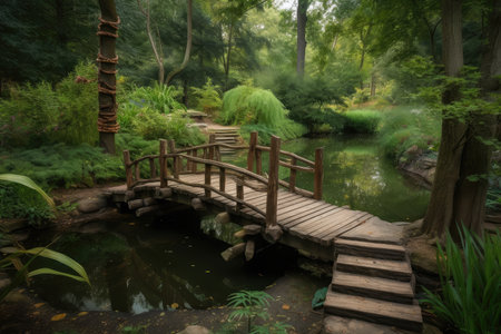 forest oasis with tranquil pond and wooden bridge, created with generative aiの素材