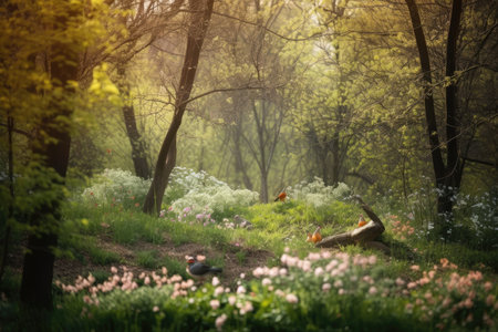 beautiful spring forest with blooming flowers and birds singing in the trees, created with generative aiの素材