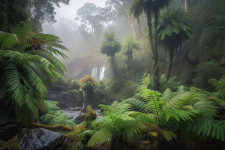 bed of ferns in a forest oasis with misty waterfall in the background, created with generative aiの素材