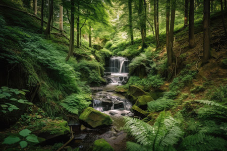 forest oasis with waterfall and stream, surrounded by greenery, created with generative aiの素材