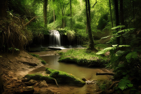 forest oasis with waterfall and stream, surrounded by greenery, created with generative aiの素材
