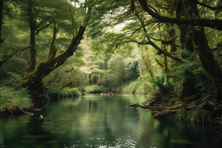 forest oasis with tranquil river flowing through it, created with generative aiの素材