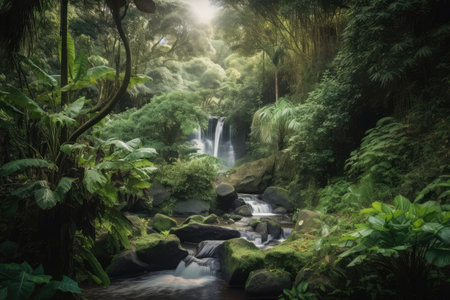 forest oasis with rushing waterfall, surrounded by lush greenery, created with generative aiの素材