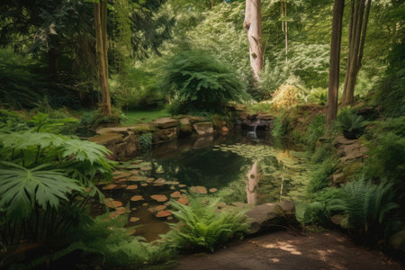 forest oasis with tranquil pond and waterfall, surrounded by greenery, created with generative aiの素材