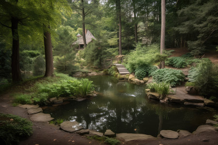 forest oasis with tranquil pond and waterfall, surrounded by greenery, created with generative aiの素材