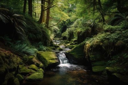 forest oasis with babbling brook and waterfall, surrounded by towering trees, created with generative aiの素材