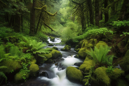 forest oasis with rushing stream and waterfall, surrounded by greenery, created with generative aiの素材