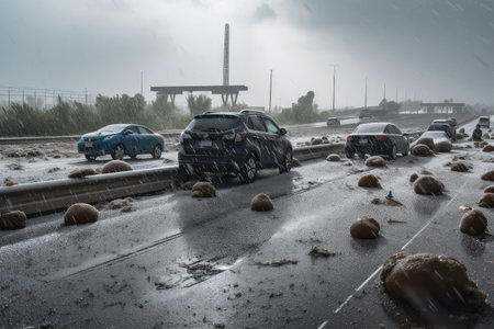 hailstorm, with view of damaged and overturned vehicles on highway, created with generative aiの素材