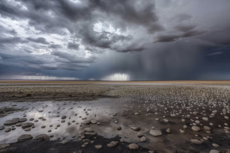 hailstorm passing over a deserted landscape, with the clouds and sky visible, created with generative aiの素材