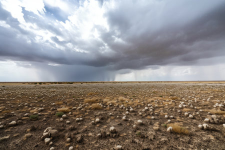 hailstorm passing over a deserted landscape, with the clouds and sky visible, created with generative aiの素材