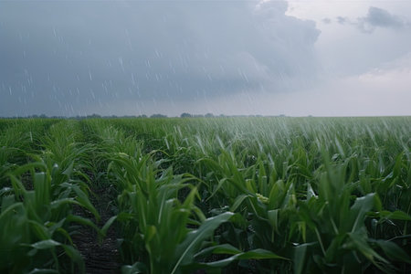 high-speed wind and hail storm rushes through field of crops, created with generative aiの素材