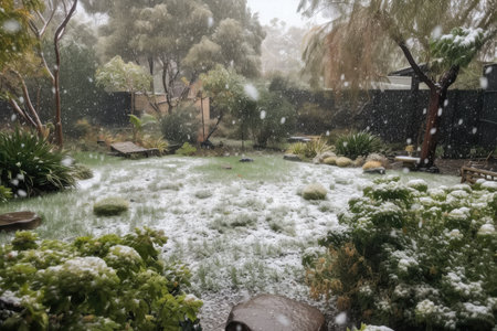 hailstorm rips through a tranquil garden, with only the hail and wind visible, created with generative aiの素材