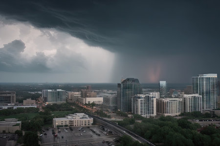 storm clouds brewing over cityscape with hail, lightning and wind, created with generative aiの素材