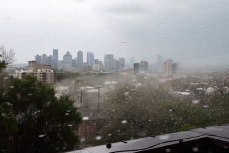 hailstorm passing over city skyline, with buildings and trees visible, created with generative aiの素材