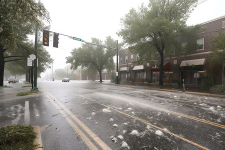 hailstorm rips through town, bringing down trees and power lines, created with generative aiの素材