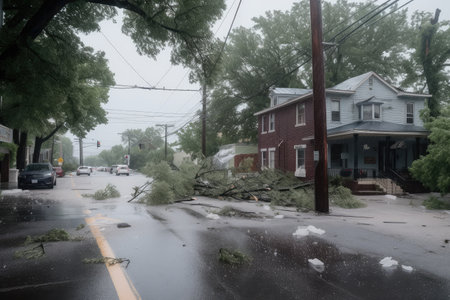 hailstorm rips through town, bringing down trees and power lines, created with generative aiの素材