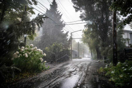 downpour of hail and strong winds knock over trees and power lines, created with generative aiの素材
