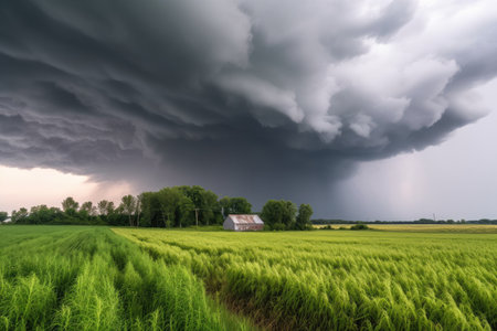 storm clouds bring hail and damaging winds to farmland, created with generative aiの素材