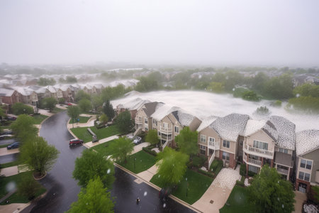 hailstorm rolling through residential neighborhood, bringing with it damaging winds and hail, created with generative aiの素材
