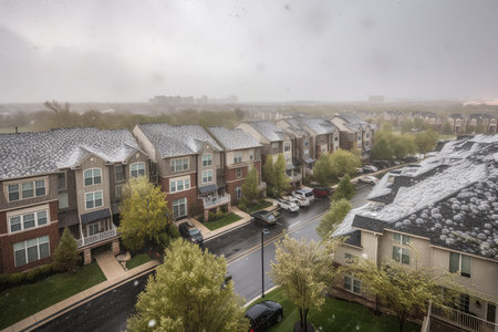 hailstorm rolling through residential neighborhood, bringing with it damaging winds and hail, created with generative aiの素材