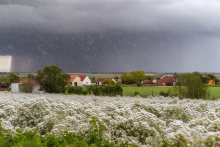 hailstorm approaching small town, with winds and rain causing mayhem, created with generative aiの素材