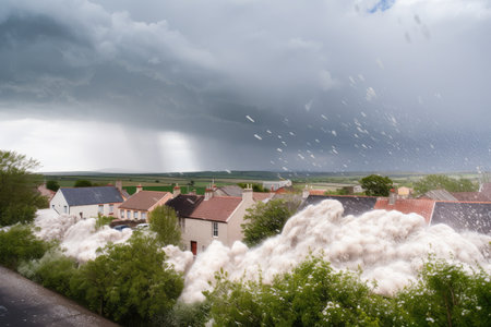hailstorm approaching small town, with winds and rain causing mayhem, created with generative aiの素材