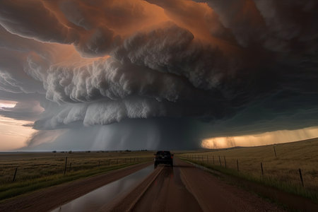 supercell thunderstorm with hail and damaging winds, created with generative aiの素材