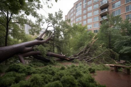 deciduous trees bent and broken by fierce storm winds, created with generative aiの素材