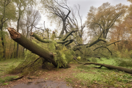 deciduous trees bent and broken by fierce storm winds, created with generative aiの素材