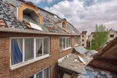 roofs and windows of houses being damaged by hail and high winds, created with generative aiの素材