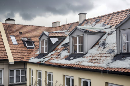 roofs and windows of houses being damaged by hail and high winds, created with generative aiの素材