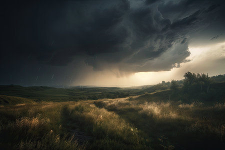 hailstorm, with dramatic lighting streaks and dark clouds in the background, created with generative aiの素材